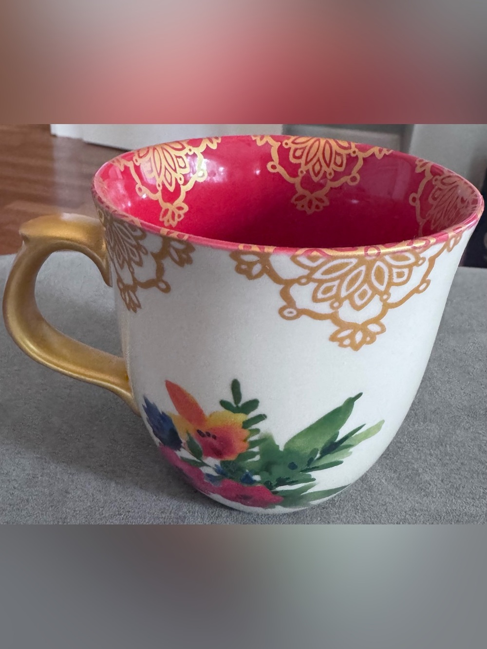 Floral Gold-Trim Ceramic Mug - Red Interior, “Winter Bouquet”